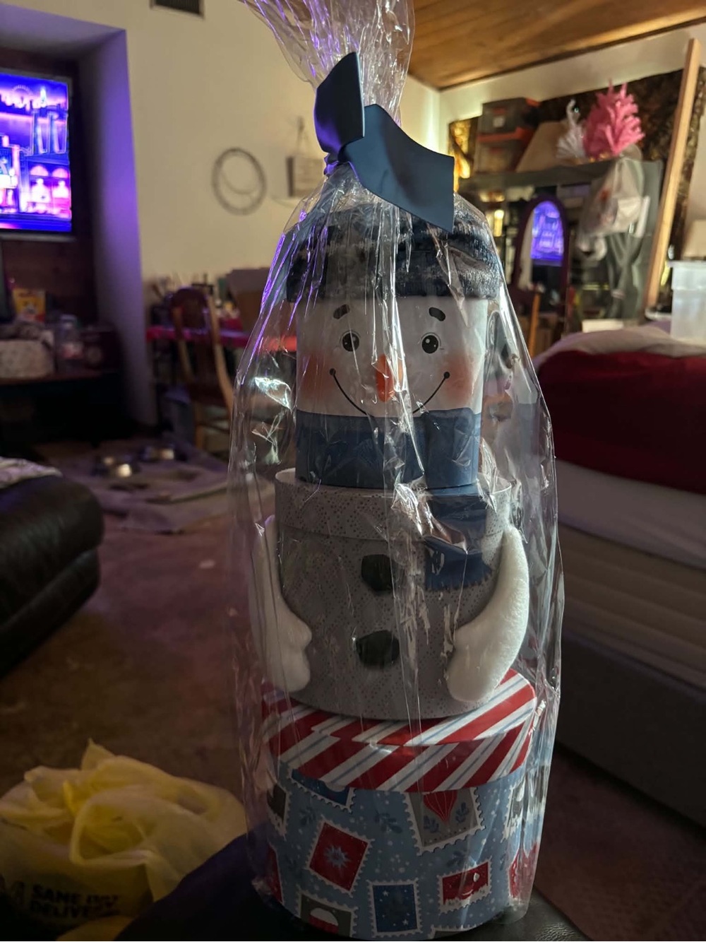 Blue Snowman Stacked Gift Décor with Navy Bow